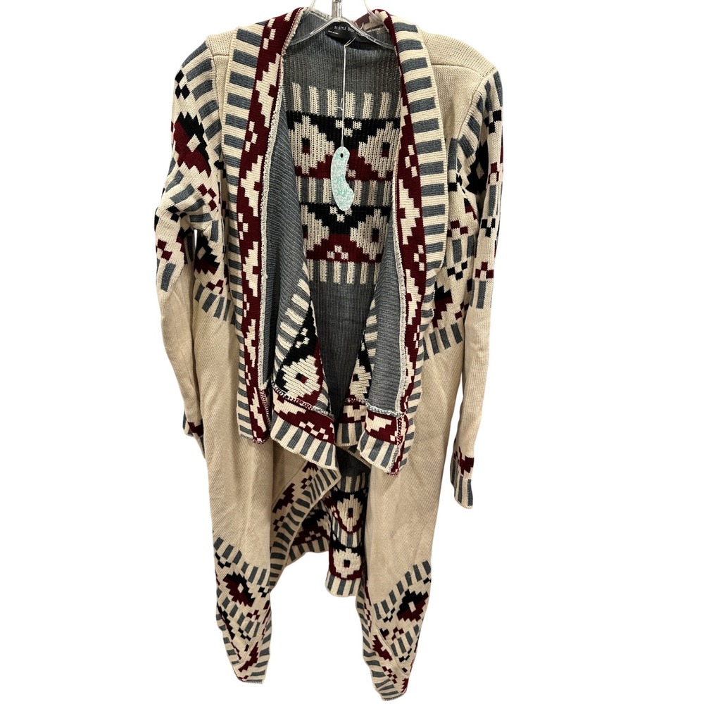 Style Dot Com Rousseau Cardigan‎ Sweater Aztec Bohemian Beige Multi Small